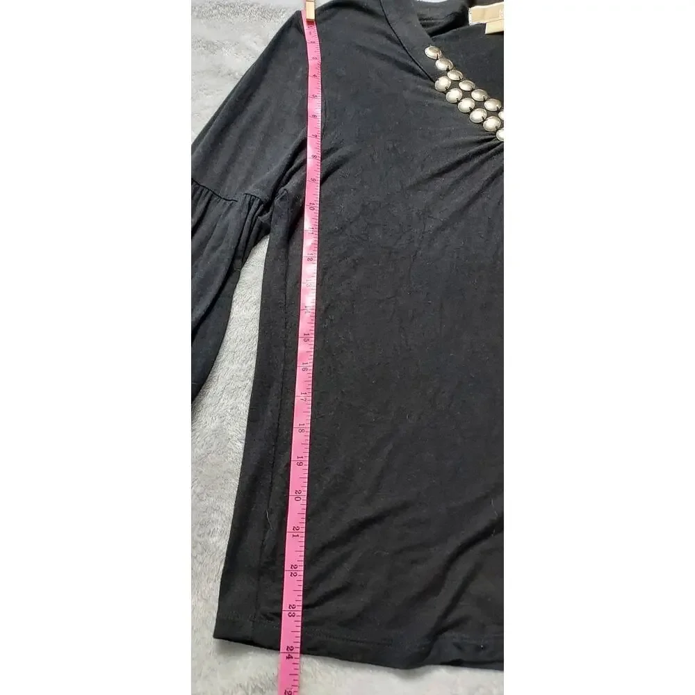 Michael Kors Black Long Sleeve Top V Neck Metal Disc